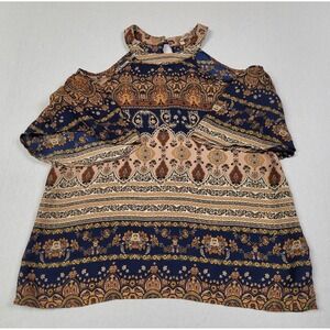 Love Marks Blue & Brown Paisley Print Cold-shoulder Top Blouse Women's Size S